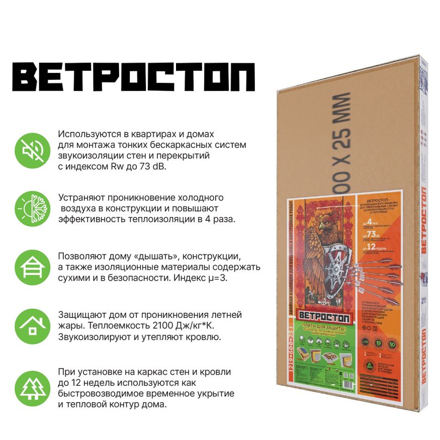Ветрозащитная шумоизолирующая панель ВЕТРОСТОП 1200х581х25 мм (2,09 м²) купить в Тольятти