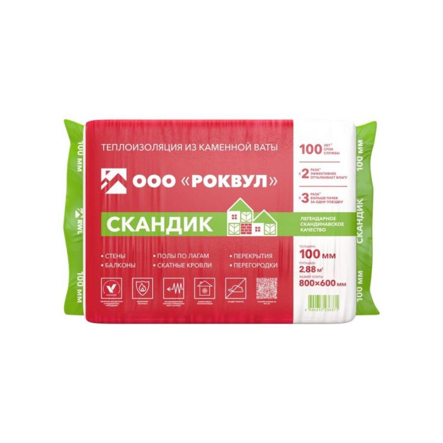 Утеплитель Роквул Скандик 100мм, 6 плит, 2.88м2, 600х800мм, 0.288м3 Rockwool купить в Тольятти