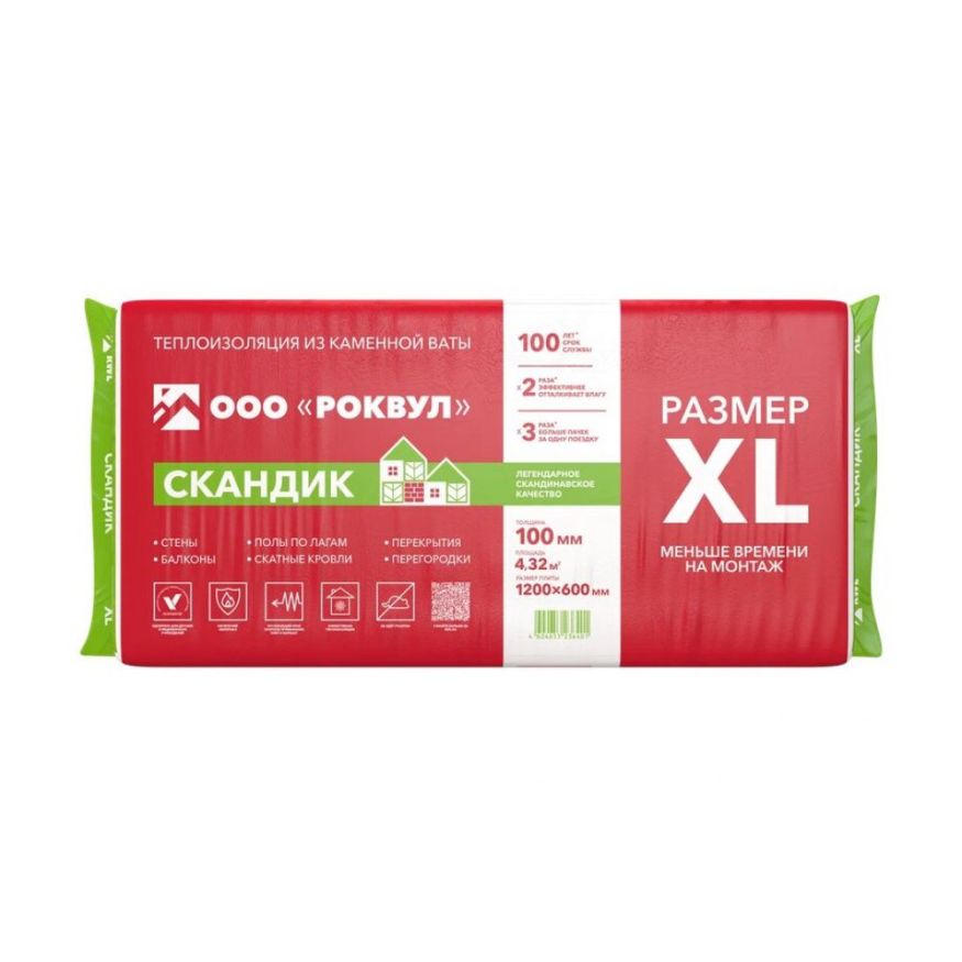 Утеплитель Роквул Скандик XL 100мм, 6 плит, 4.32м2, 600х1200мм, 0.432м3 Rockwool купить в Тольятти